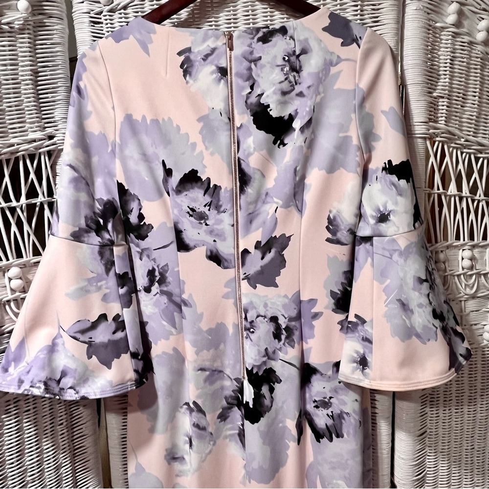 CALVIN KLEIN Sheath Dress Size‎ 4 Bell Sleeve Crepe FLORAL Pastel Knee Length - Picture 10 of 14